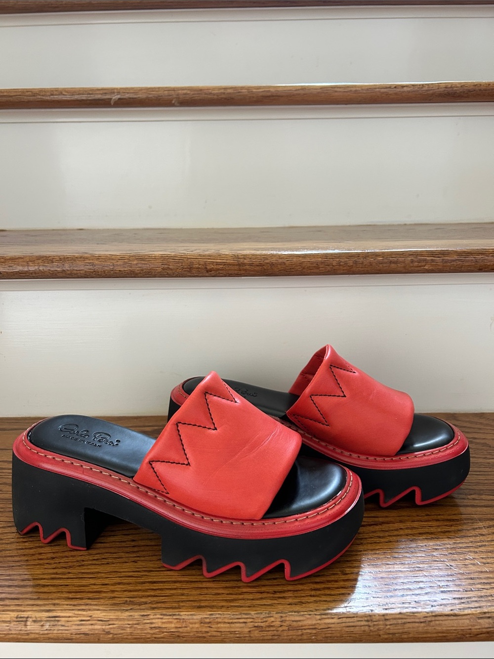 Carlo Pera Italian red platform Slide Heels with Zigzag Stitch Detail